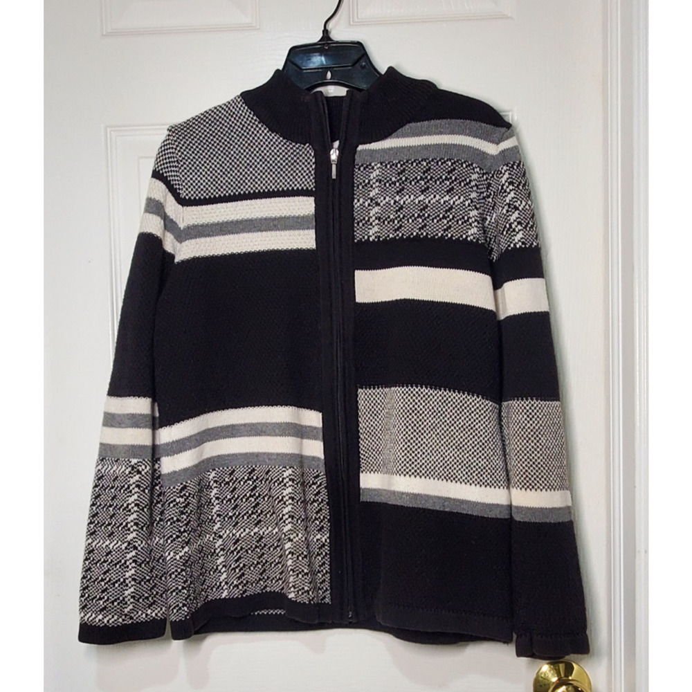 Christopher & Banks Women’s Zip-Up Sweater Jacket Black White Striped Size L